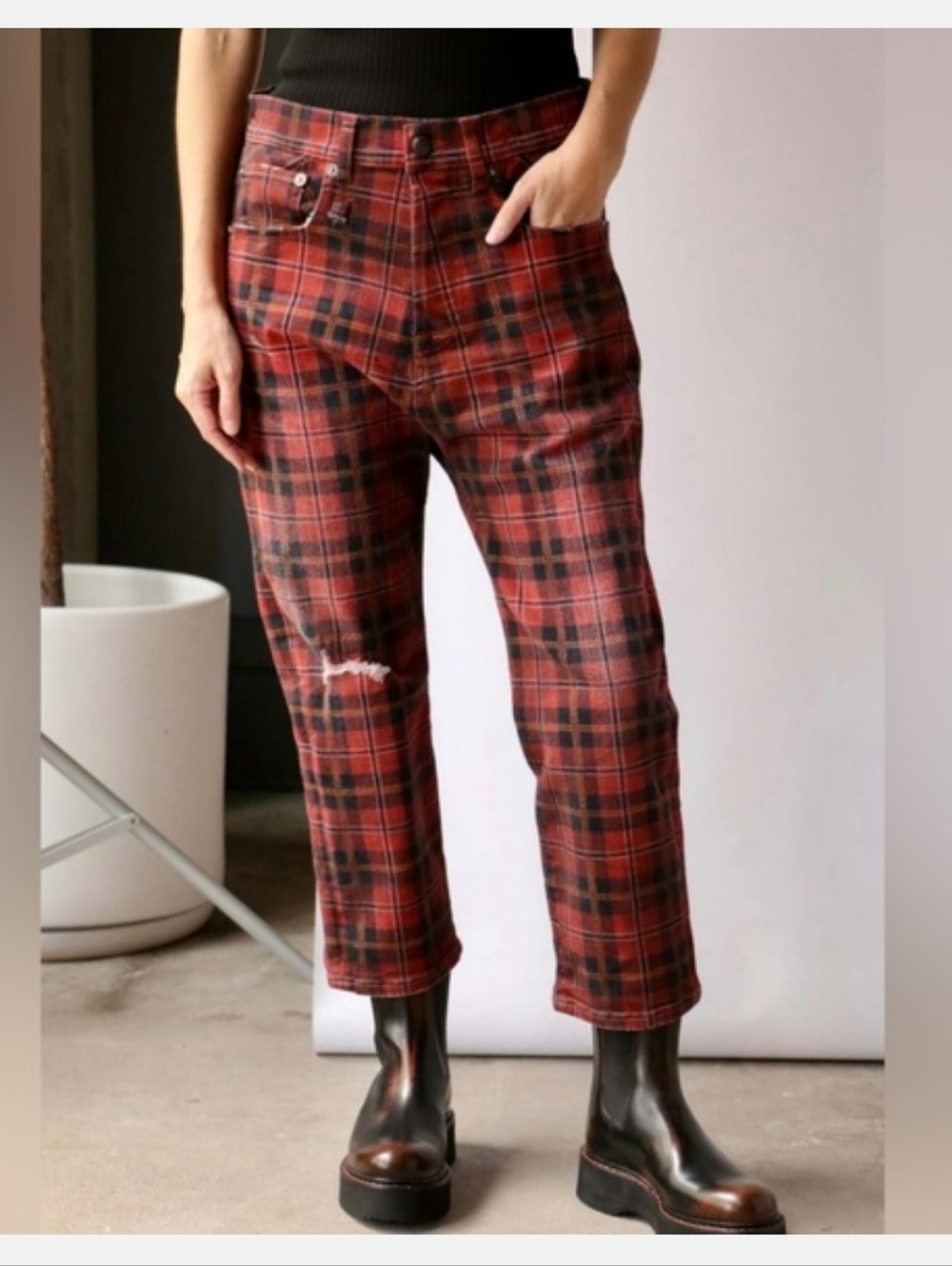 R13 Brown Plaid Straight Leg Jeans